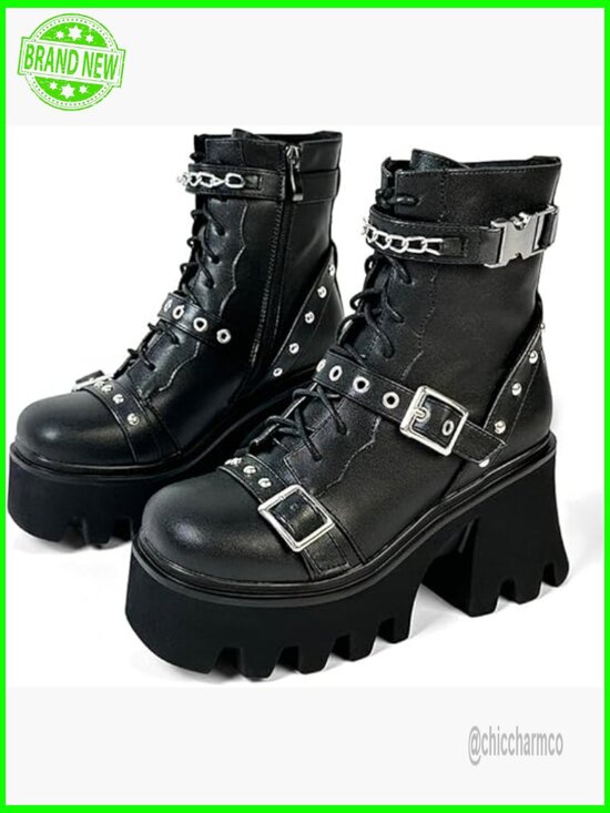 Shoes - Chunky Platform Combat Boots Lace Up Zipper Block Heel Punk Gothic Booties